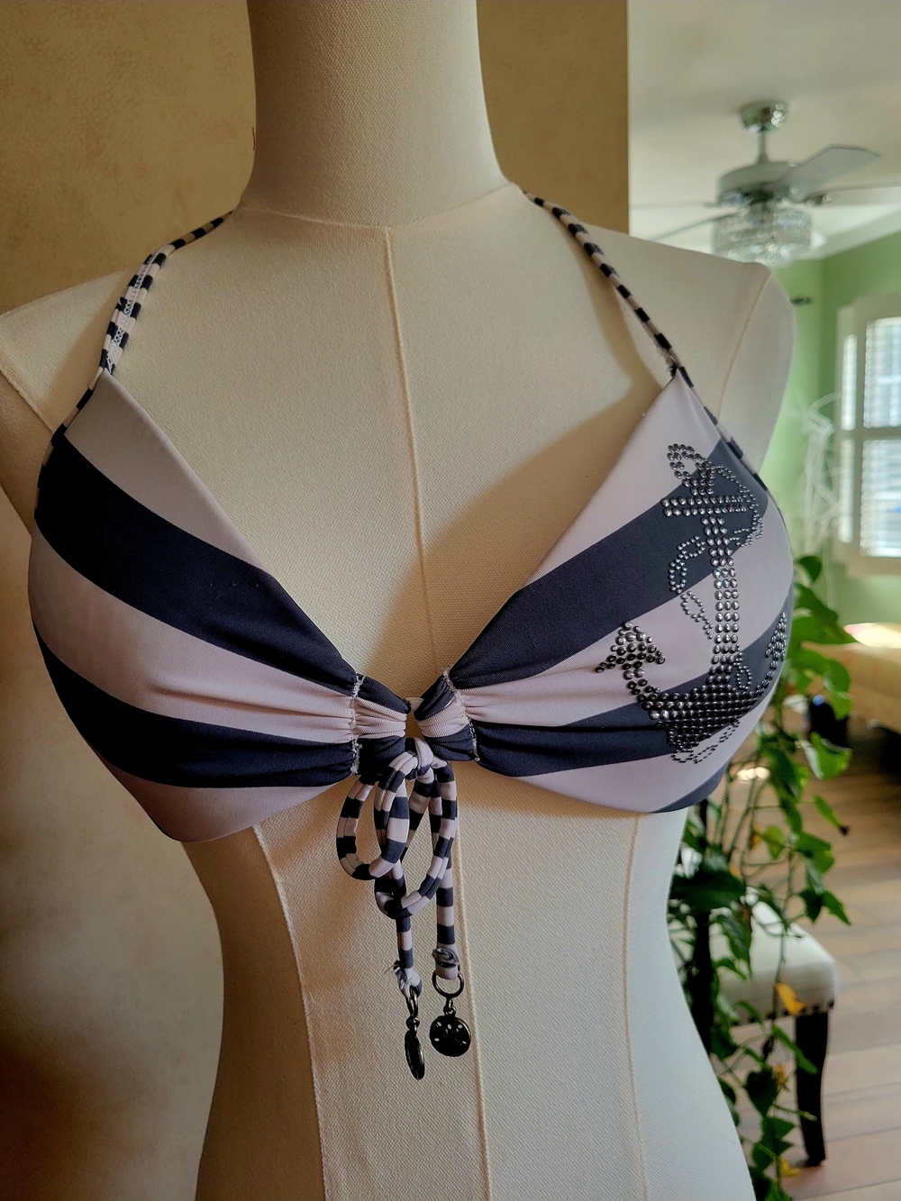 Navy & White Striped Bikini Top with Anchor Rhinestones HOBIE
